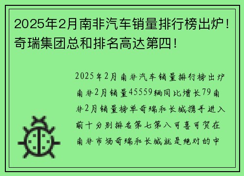 2025年2月南非汽车销量排行榜出炉！奇瑞集团总和排名高达第四！
