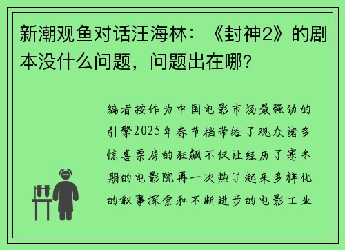 新潮观鱼对话汪海林：《封神2》的剧本没什么问题，问题出在哪？