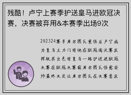 残酷！卢宁上赛季护送皇马进欧冠决赛，决赛被弃用&本赛季出场9次