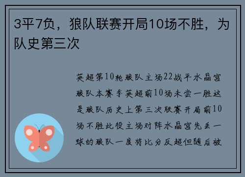 3平7负，狼队联赛开局10场不胜，为队史第三次