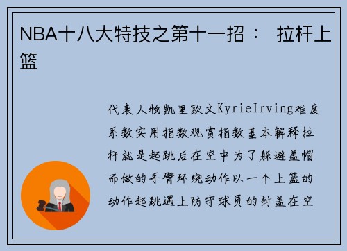 NBA十八大特技之第十一招 ： 拉杆上篮
