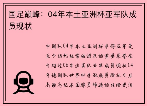 国足巅峰：04年本土亚洲杯亚军队成员现状