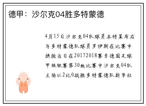 德甲：沙尔克04胜多特蒙德