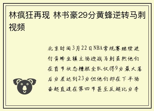 林疯狂再现 林书豪29分黄蜂逆转马刺视频