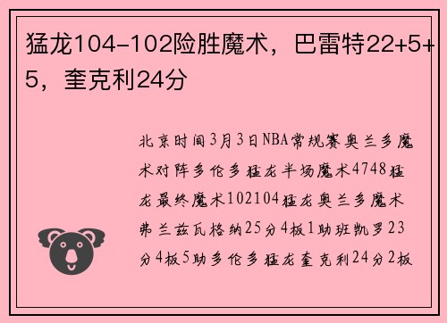 猛龙104-102险胜魔术，巴雷特22+5+5，奎克利24分